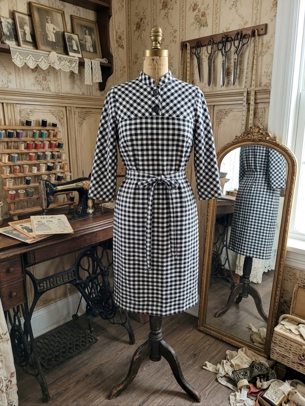 ​VTG Leslie Belle Canada Gingham Plaid Mock Neck Dress Mod Cottagecore 13/14